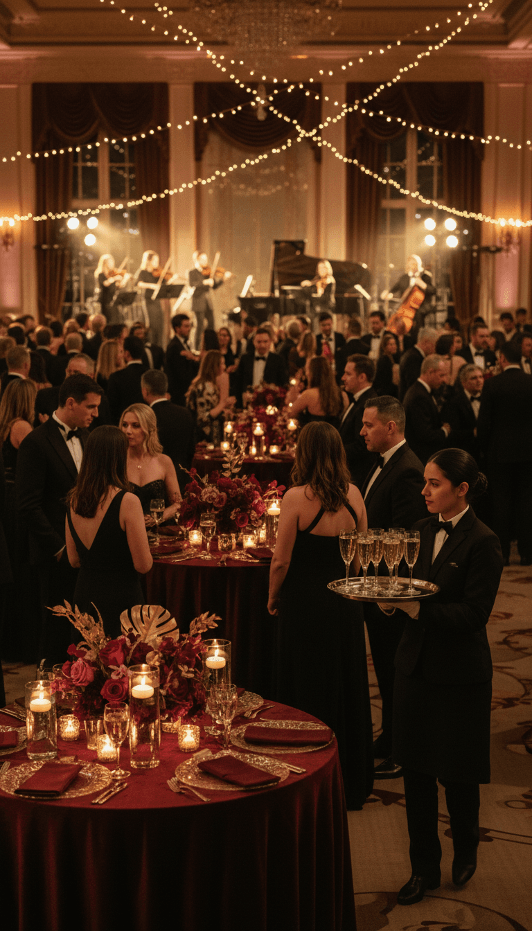 Elegant corporate gala with guests, live band, and sophisticated lighting