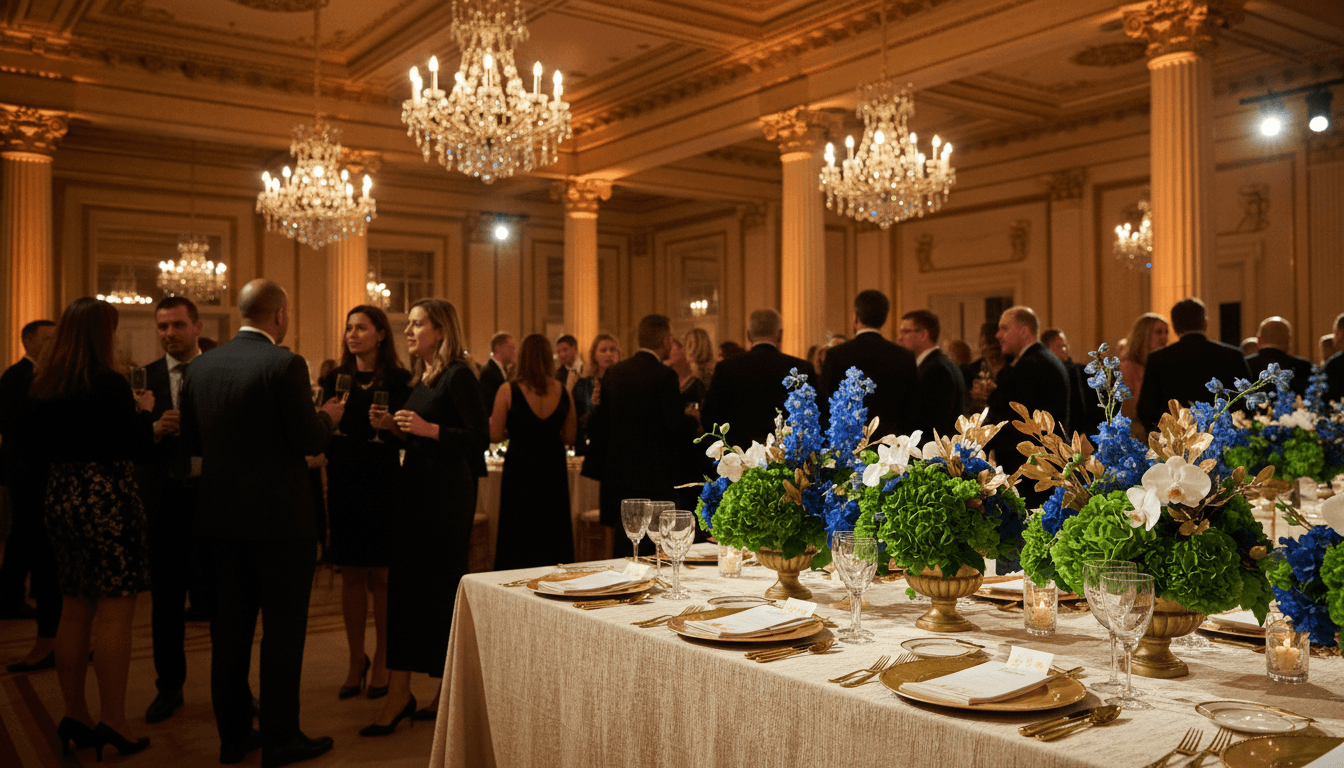 Elegant gala event space with refined table setup and warm ambient lighting