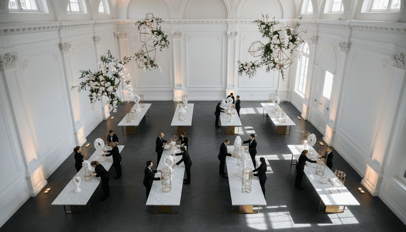 Professional event coordinators preparing an elegant venue with sophisticated lighting and décor elements