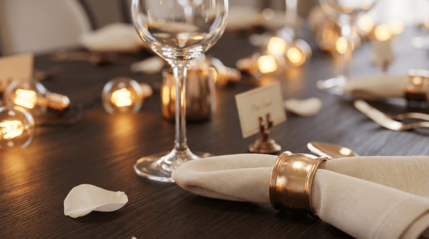 Elegant table setting at a corporate gala with crystal glassware and floral details