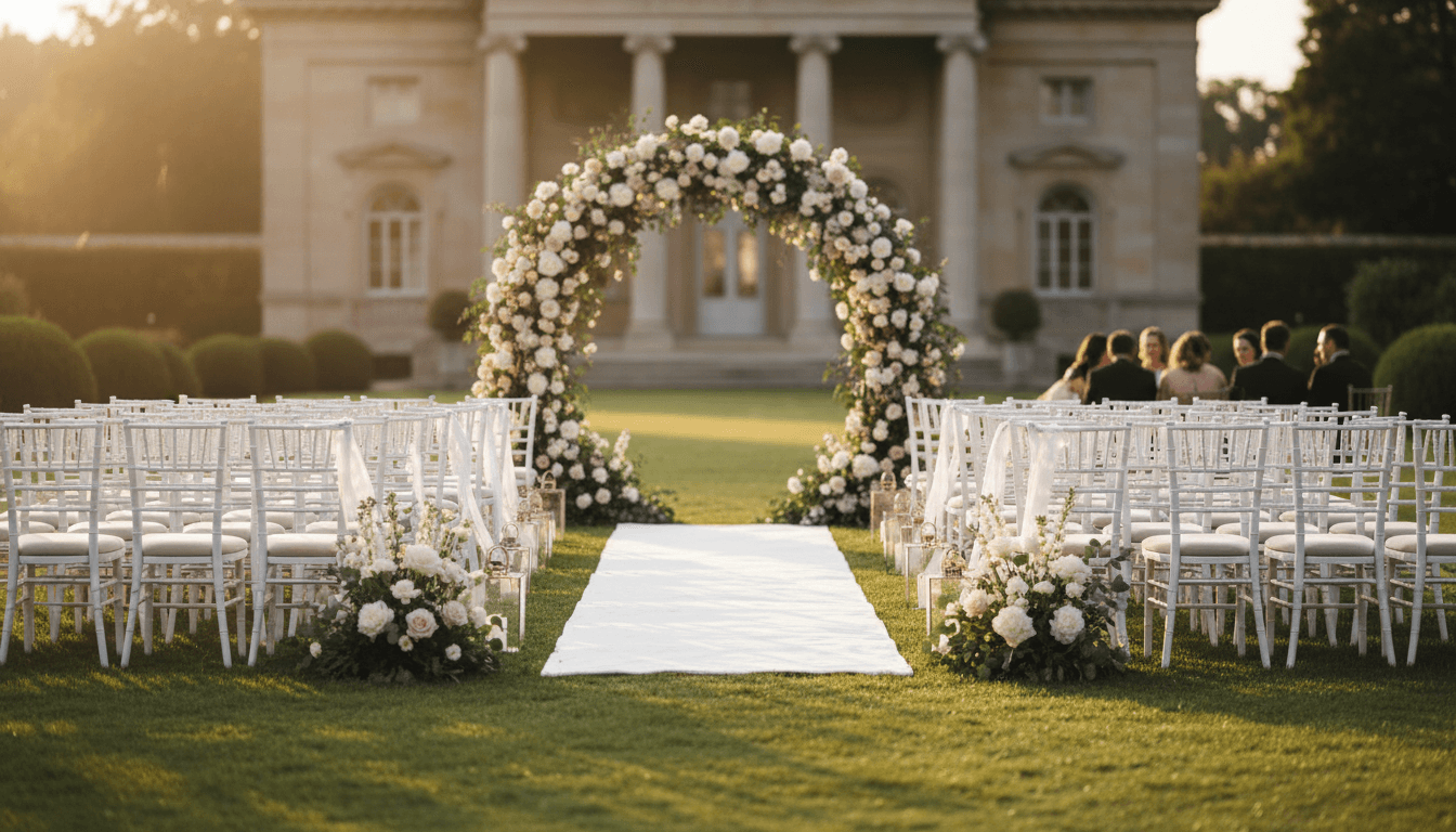 Outdoor wedding ceremony setup with decorated archway and garden seating