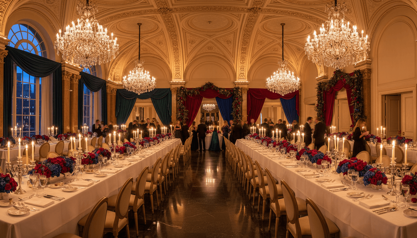 Elegant corporate gala with crystal chandeliers, formally dressed guests, and live jazz band performing