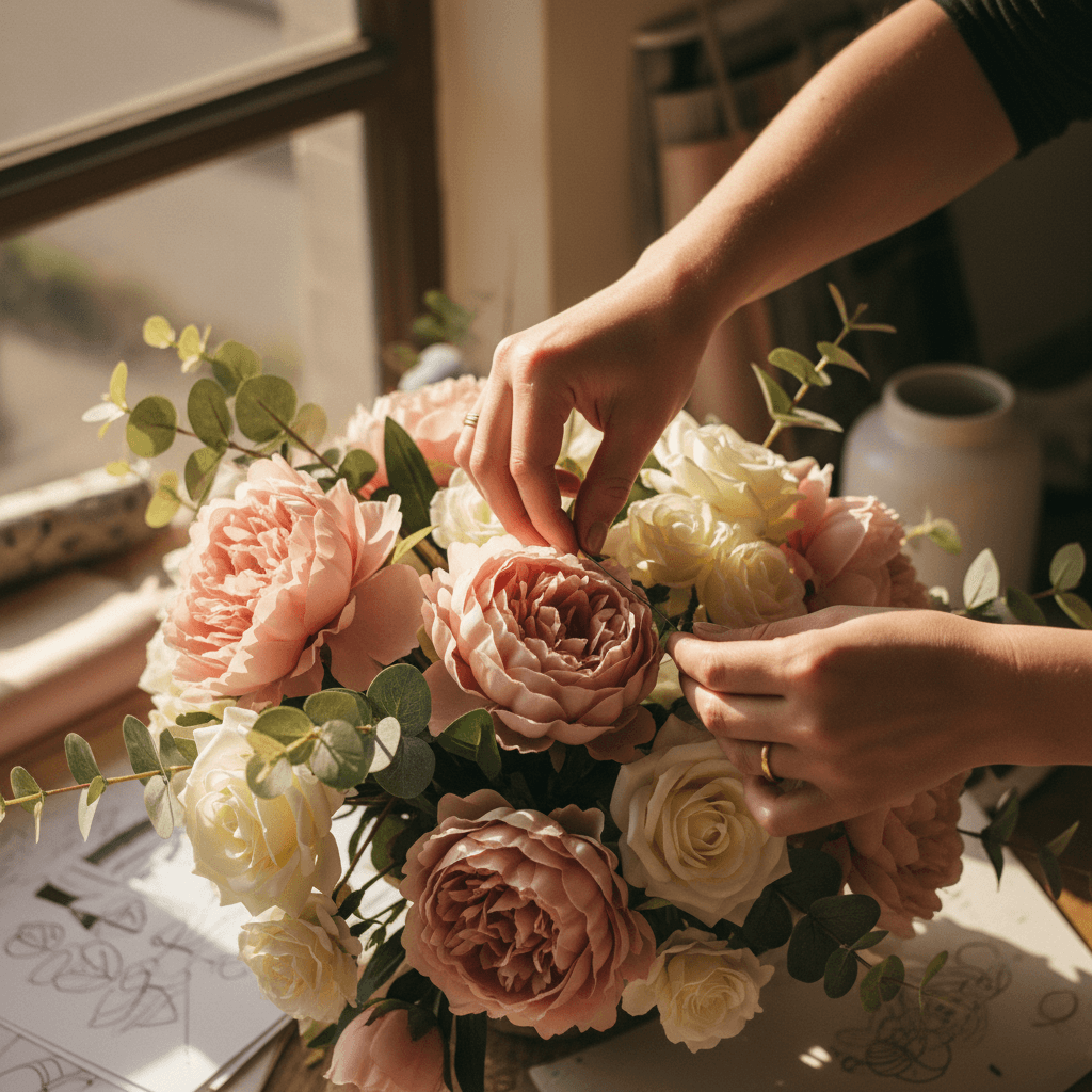 Floral arrangements and décor installation details being set up for an event