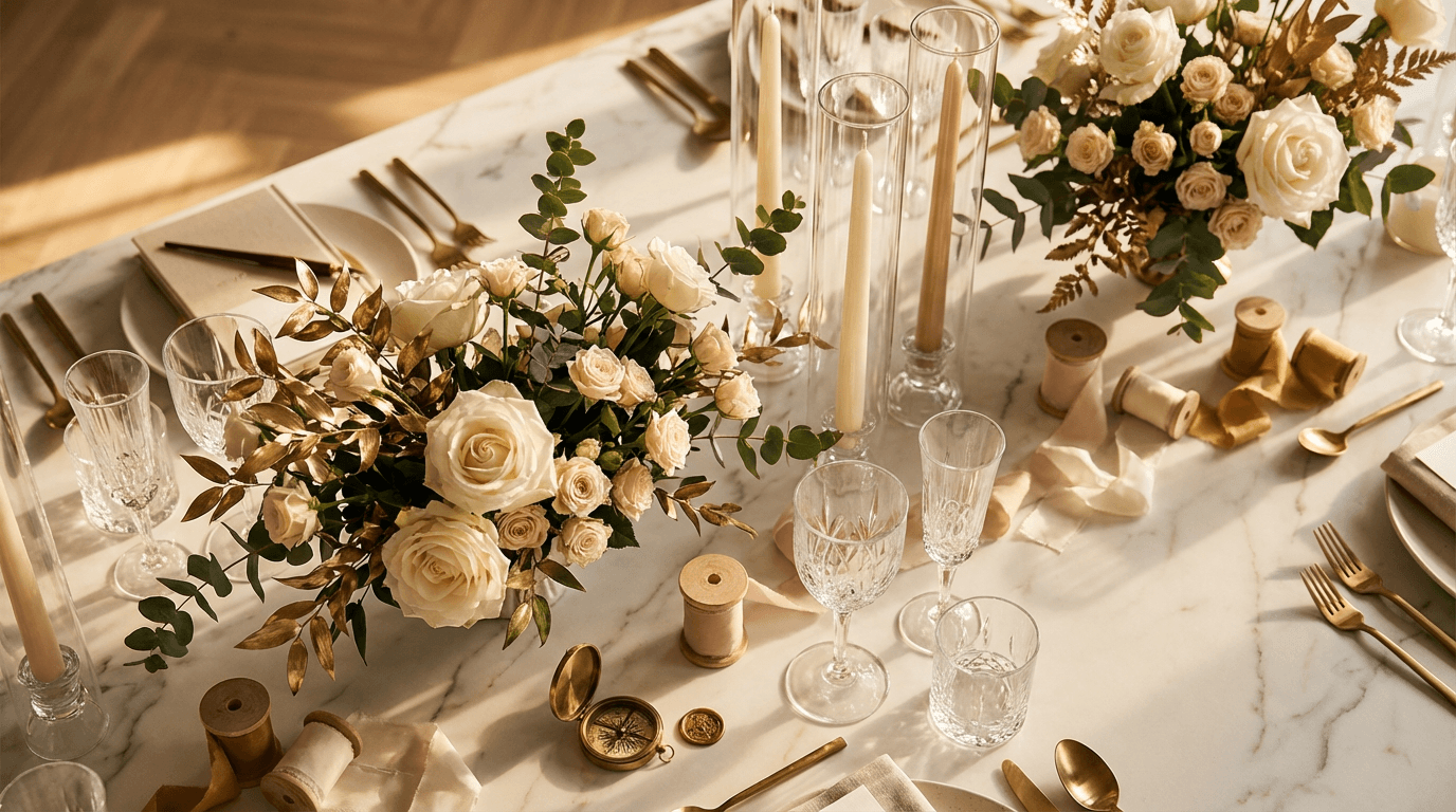 Event planners collaborating on elegant wedding reception setup with luxury details